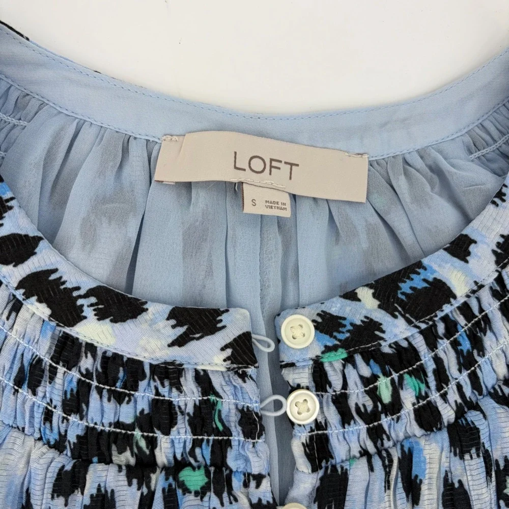 LOFT Blouse Blue Leopard Print Ruffle Shoulder Smocked Neck Gauzy Textured Small